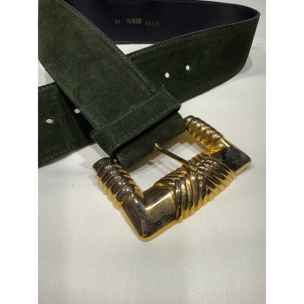 Vintage Green Suede Wide Waist Belt Gold Ribbed Buckle Size Small 28121 - Picture 4 of 4